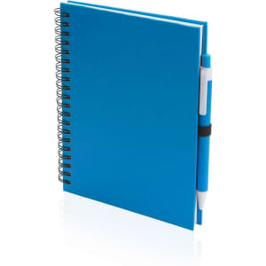 A blue spiral-bound notebook with a matching pen attached, ideal for office and business use.