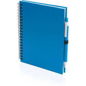 A blue spiral-bound notebook with a matching pen attached. It features a simple design and a logo on the cover.