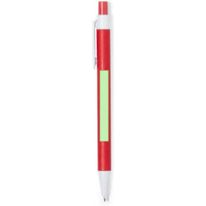 A red and white pen with a green section for customisation and a clip for attachment.