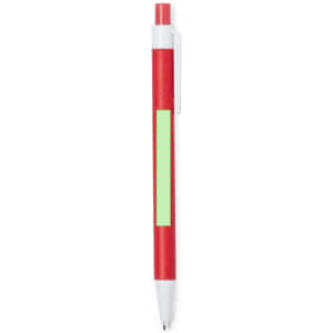 A red pen with a white clip and a green accent area for branding.
