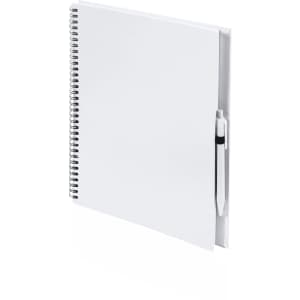 A white spiral-bound notebook with a pen attached, featuring a plain cover and blank pages.