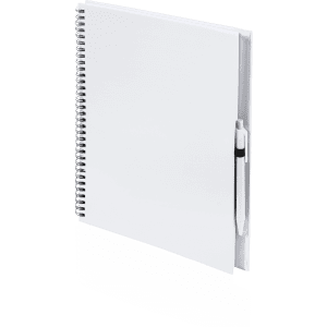 A white spiral-bound notebook with a pen attached, featuring a plain cover and blank pages.