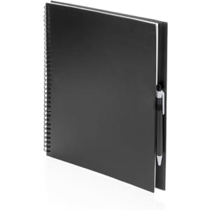 A black spiral-bound notebook with a pen attached, featuring a smooth finish and a discreet logo.