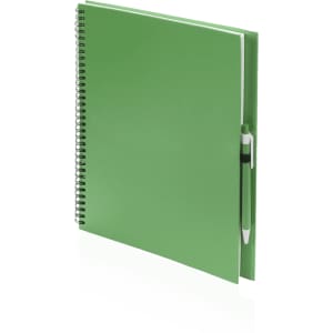 A green spiral-bound notebook with a matching pen attached. The notebook has a smooth cover and is blank inside.