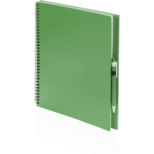 A green spiral-bound notebook with a matching pen attached.