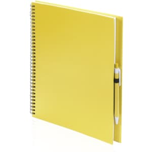 A yellow spiral-bound notebook with a matching pen secured in its side.
