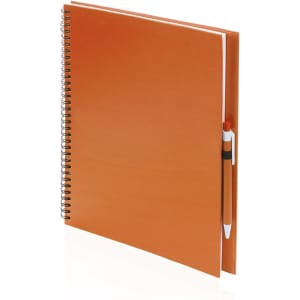 An orange spiral-bound notebook with a matching pen secured in the cover.