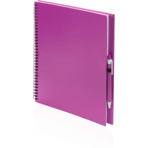 A purple spiral-bound notebook with a pen attached, featuring a smooth, glossy cover.
