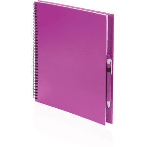 A pink spiral-bound notebook with a matching pen attached, featuring a smooth cover.