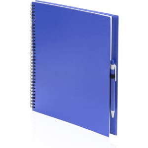 A blue spiral-bound notebook with a matching pen attached, featuring a pocket on the inside.
