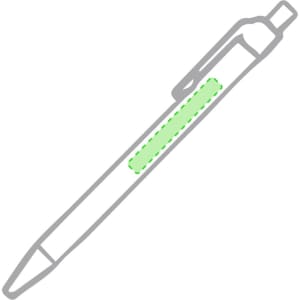 A green pen with a clip, featuring a dotted outline on the barrel. It has a simple design and smooth finish.