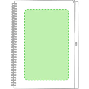 A green spiral-bound notebook with a blank cover and a logo. Features a wire binding for easy page turning.