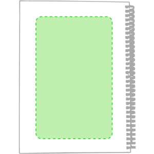 A spiral-bound notebook with a green cover and a blank area for customisation. It includes a grey spiral binding.