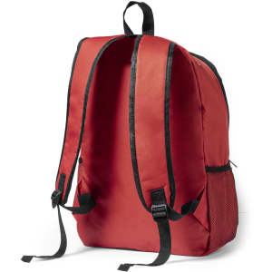 A red backpack with black straps and a mesh pocket on the side, featuring a logo on the front.