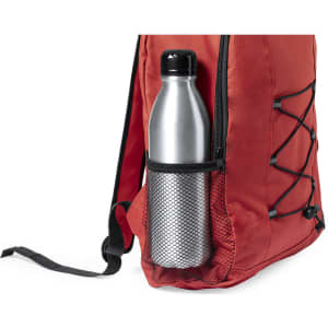 A red Lendross backpack featuring a side pocket holding a silver drink bottle. The backpack has a mesh detail.