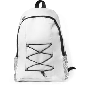 A grey Lendross backpack with adjustable bungee cords and mesh side pockets. It features a branding logo.