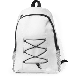 A white backpack with a mesh side pocket and elastic cord detailing on the front. It features a logo.