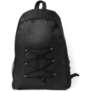 A black backpack featuring a textured fabric, mesh side pockets, and bungee cord detailing on the front.