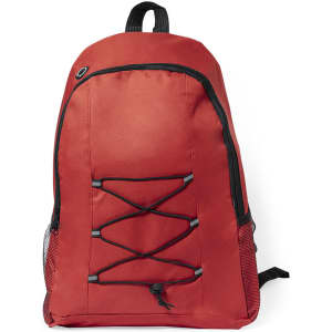 A red backpack featuring a black mesh side pocket and a front bungee cord design. It has a logo on it.