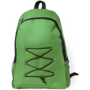 A green backpack with a mesh side pocket and a bungee cord design on the front. It features a branding logo.