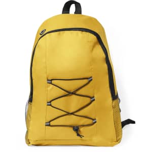 A yellow backpack with a front bungee cord design and mesh side pockets. It features a logo on the front.