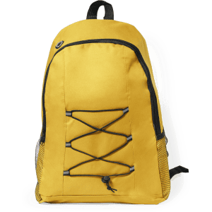 A yellow Lendross backpack featuring a bungee cord detail and mesh side pockets. It has a logo on it.