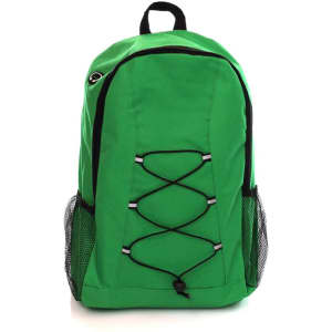 A green backpack featuring a bungee cord design and mesh side pockets, also displaying a logo.