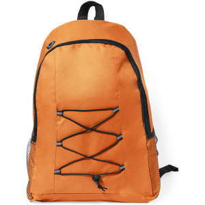 An orange backpack featuring a mesh side pocket and a bungee cord design on the front. It has a logo.