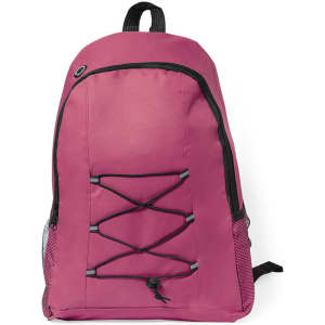 A pink backpack with a front bungee cord design and mesh side pockets. It has a branded logo.