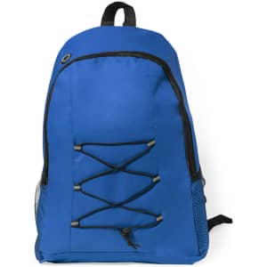 A blue Lendross backpack featuring a front bungee cord design and side mesh pocket. Includes a logo.