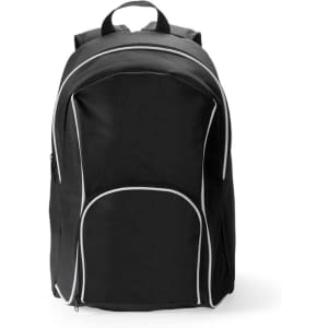 A black backpack with white detailing, featuring multiple compartments and a logo.