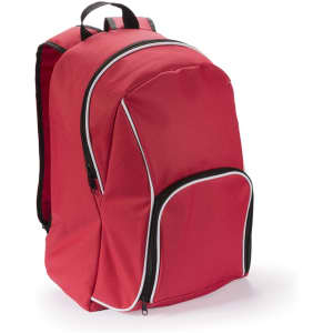 A red backpack with black and white accents features multiple zippered compartments and padded shoulder straps.