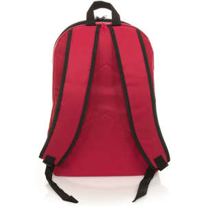 A red backpack with black straps and a branded logo on the front. The design features a simple, sturdy construction.