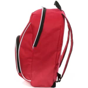 A red backpack with black straps and white accents, featuring a zip closure and a logo.