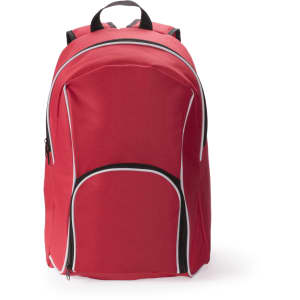 A red backpack with black and white accents, featuring multiple compartments and a logo.