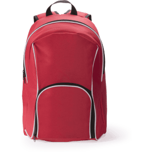 A red backpack with black and white detailing, featuring a logo on the front.