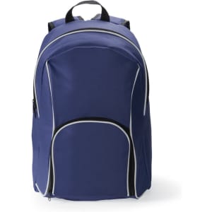 A navy backpack with a sleek design, featuring black and white accents and multiple zippered compartments.