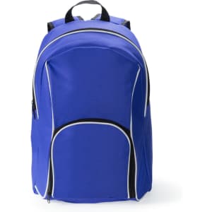 A blue backpack with black and white accents, featuring multiple compartments and a logo.