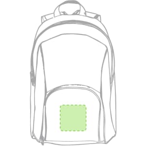 A green backpack featuring a front pocket, adjustable straps, and a logo on the side.