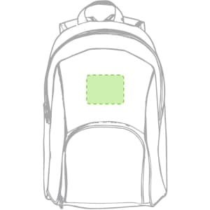 A grey backpack with a front pocket and an area for branding or logo placement.