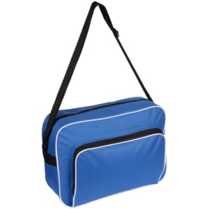 A blue bag with a black adjustable strap, featuring multiple zippered compartments and white piping details.