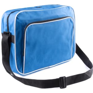 A blue bag with a black shoulder strap and a front zipper pocket. It features a logo on the side.