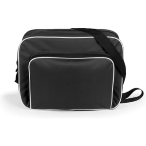 A black bag with white piping, featuring a front pocket and an adjustable shoulder strap. It has a logo.
