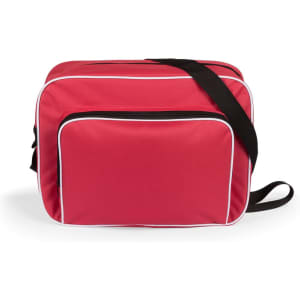 A red bag with black accents, featuring one front pocket and an adjustable shoulder strap. It has a logo on it.