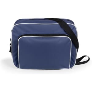 A navy blue bag with a white trim and a shoulder strap, featuring a front zip pocket and overall rectangular shape.
