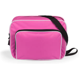 A pink bag with white trim and a black adjustable shoulder strap, featuring a front pocket and branding.