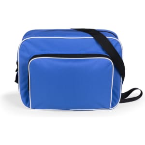 A blue bag with white trim, featuring a main compartment and a front pocket, along with a shoulder strap.