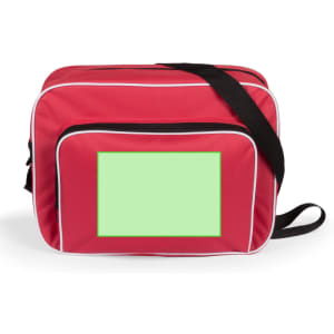 A red bag with white trim and a black strap, featuring a blank area for customisation. It has one front pocket.