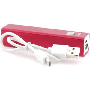 A red power bank with a white USB cable attached, featuring a logo on the side.