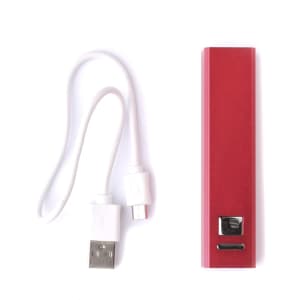 A red power bank alongside a USB charging cable. The power bank has a sleek design and a branding logo.